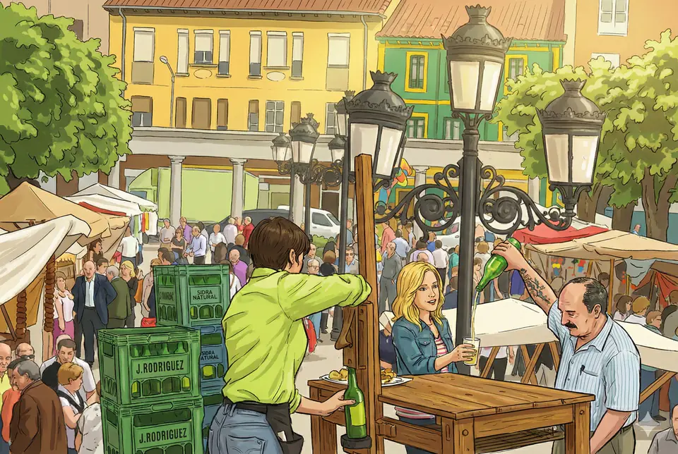 Ilustración de los estancos de sidra en el parque